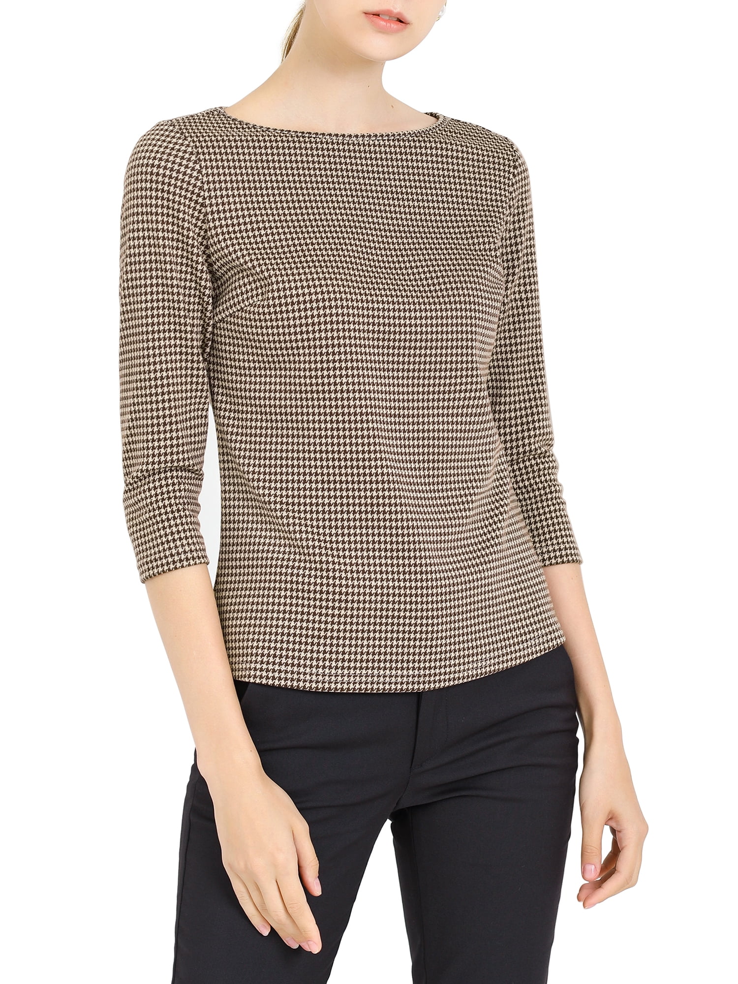 INSPIRE CHIC Women's Work 3/4 Sleeve Boat Neck Houndstooth Blouse Tops
