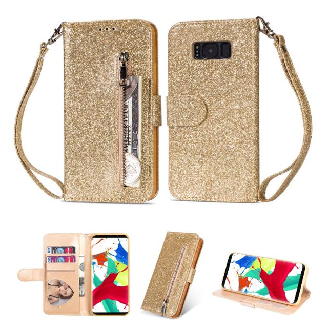 Case for FOXDOCK Samsung Galaxy S8 Glitter Zipper Wallet Case with Short Hand Strap