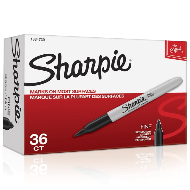 Sharpie Permanent Marqueurs, Pointe Fine, Noir, Boîte de 36 Unités avec Emballage Blanc et Rouge, Présentant le logo Sharpie et l'Image d'Un Marqueur Permanent à Pointe Fine Noir, Conçu pour Marquer sur la Plupart des surfaces avec une Encre à Séchage Rapide et Résistante à l'Eau, Convient aux Fournitures de Bureau et Scolaires.