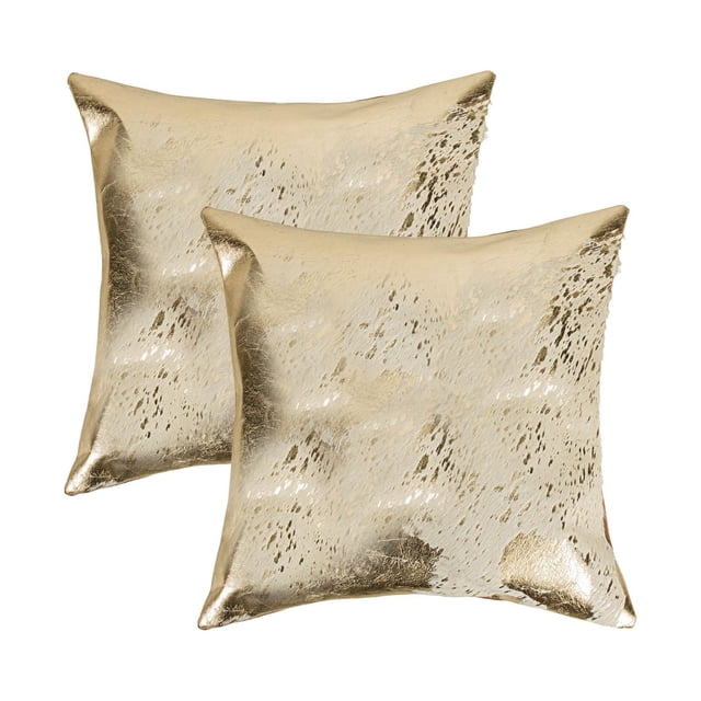 TORINO Peau de Vache Écossaise PILLOW 18"X18 Pouces Lot de 2 avec Deux Coussins Décoratifs Carrés en Peau de Vache Indienne Naturelle beige et Or Métallique, Cousus à la Main avec Fermetures Éclair Cachées et inserts en polyfil, Idéal pour Superposer dans la Déco de la Maison et Souvent Utilisé comme Pièces d'Accent Stylées.