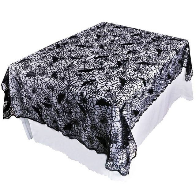 Halloween Tablecloth Decorative Cobweb Festival Lace Tablecloth Table Cover in black polyester, shown in a rectangular shape measuring 213x152cm. Features a detailed cobweb pattern ideal for Halloween or cosplay parties. Perfect for enhancing table linens decor, draped over a white table for contrast.