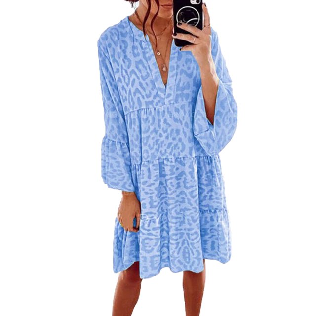 U.Vomade Nouvelle Robe Mini Ample Léopard Femme Décontractée Rose Col en V Manches à Volants Jupe Chemise de Fête Femme Plage Robe Bohème
