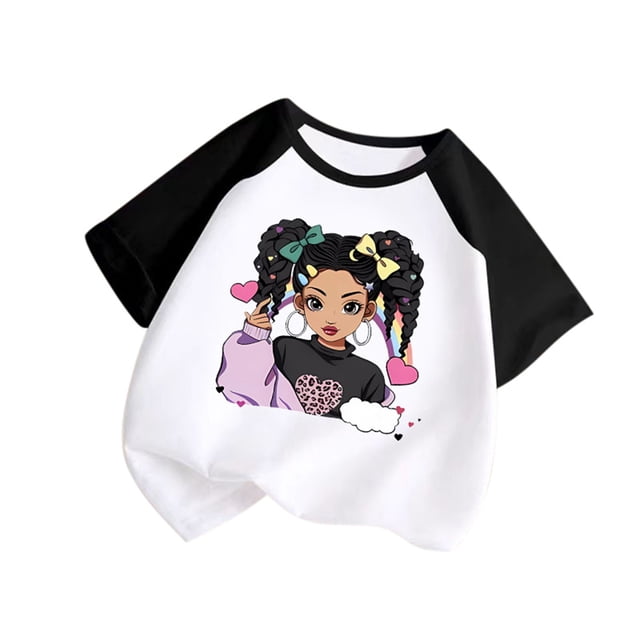GDREDA Vêtements Fille Enfant Bébé Filles Mignon Col Rond Manches Courtes Imprimé Manches Raglan Tee Été Décontracté T-Shirt T-Shirts Fille Noir,9-10 Ans