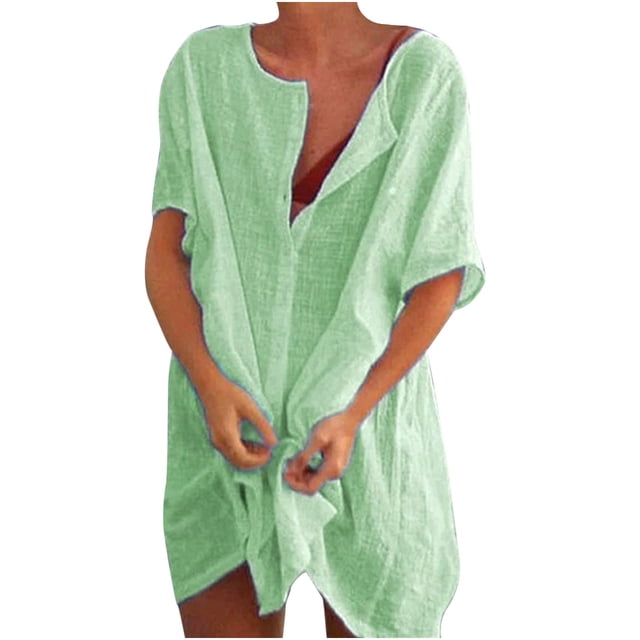 Robe Chemise pour Femmes Courte Mini Robe à Manches Courtes Chemise Patchwork de Couleur Unie