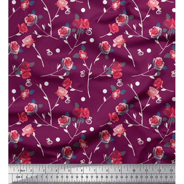 Soimoi Tissu en Rayonne Feuilles & Roses Imprimé Tissu d'Artisanat au Mètre 56 Pouces de Large