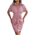 thumbnail image 1 of Robes Chemises Mini pour Femmes à Boutons, Col à Revers, Ceinturées, Coupe Ajustée, Robe à Manches Courtes, Unie, Froncée, Courte, Robe d'Été, 1 of 7