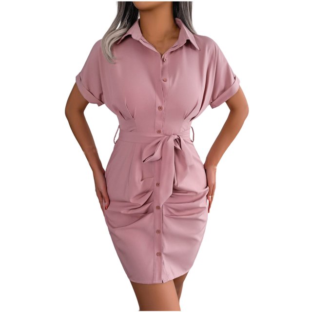 Robes Chemises Mini pour Femmes à Boutons, Col à Revers, Ceinturées, Coupe Ajustée, Robe à Manches Courtes, Unie, Froncée, Courte, Robe d'Été