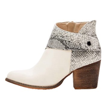 jovati Womens Leather Patchwork Thick Heel High Heel Zipper Pointed Snake Ankle Boots