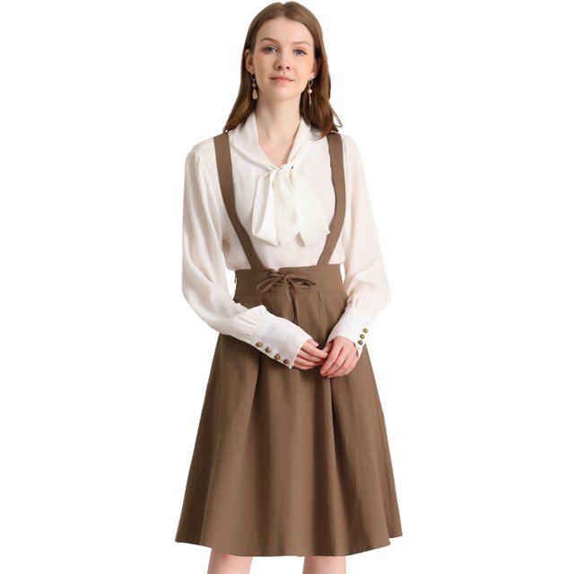 Unique Bargains Jupe Midi Plissée à Bretelles Rétro à Taille Élastique pour Femme Brun Foncé TG