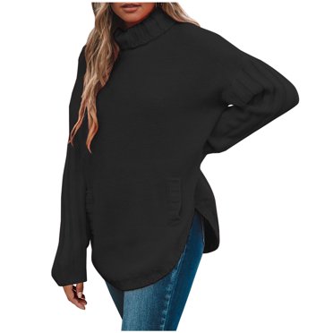 RKSTN Chandails pour Femmes Col Roulé Mode d'Automne Surdimensionné Manches Longues Chandails Fendus sur les Côtés Couleur Unie Chandail Décontracté Tricoté Hauts