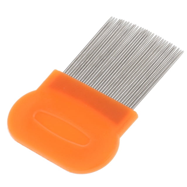 Lice Comb, Metal Nit Comb with Extra Close Tines, featuring a durable stainless steel teeth design and an orange plastic handle. The comb measures 8x6 cm and is lightweight at 22g, suitable for children and adults for effective removal of head lice and nits. The non-slip handle ensures ease of use, and the stainless steel material is easy to clean and quick to dry.