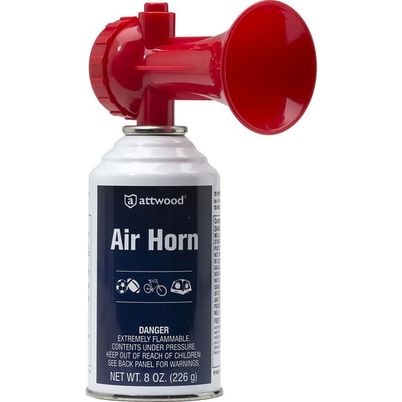 Attwood Marine Air Horn 118092-7 For Boating/Sporting Events/Camping And Bicycles; Round Trumpet; 8 Ounce Aerosol Can; Red; Plastic; Push Button; Flammable; Single