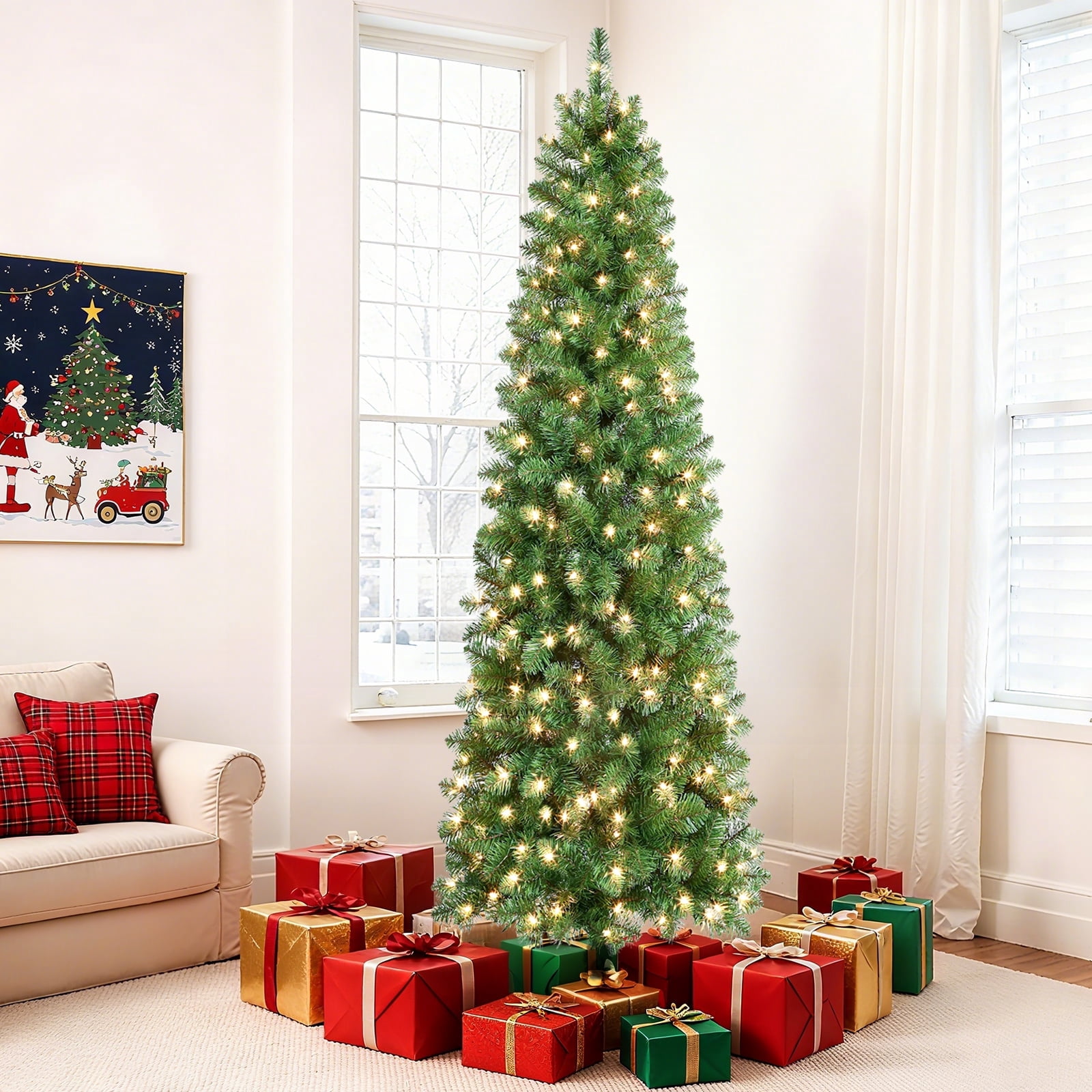Alupssuc 5.5ft Prelit Artificial Slim Pencil Christmas Tree with 160 Warm White Lights, 420 Branch Tips and Foldable Stand