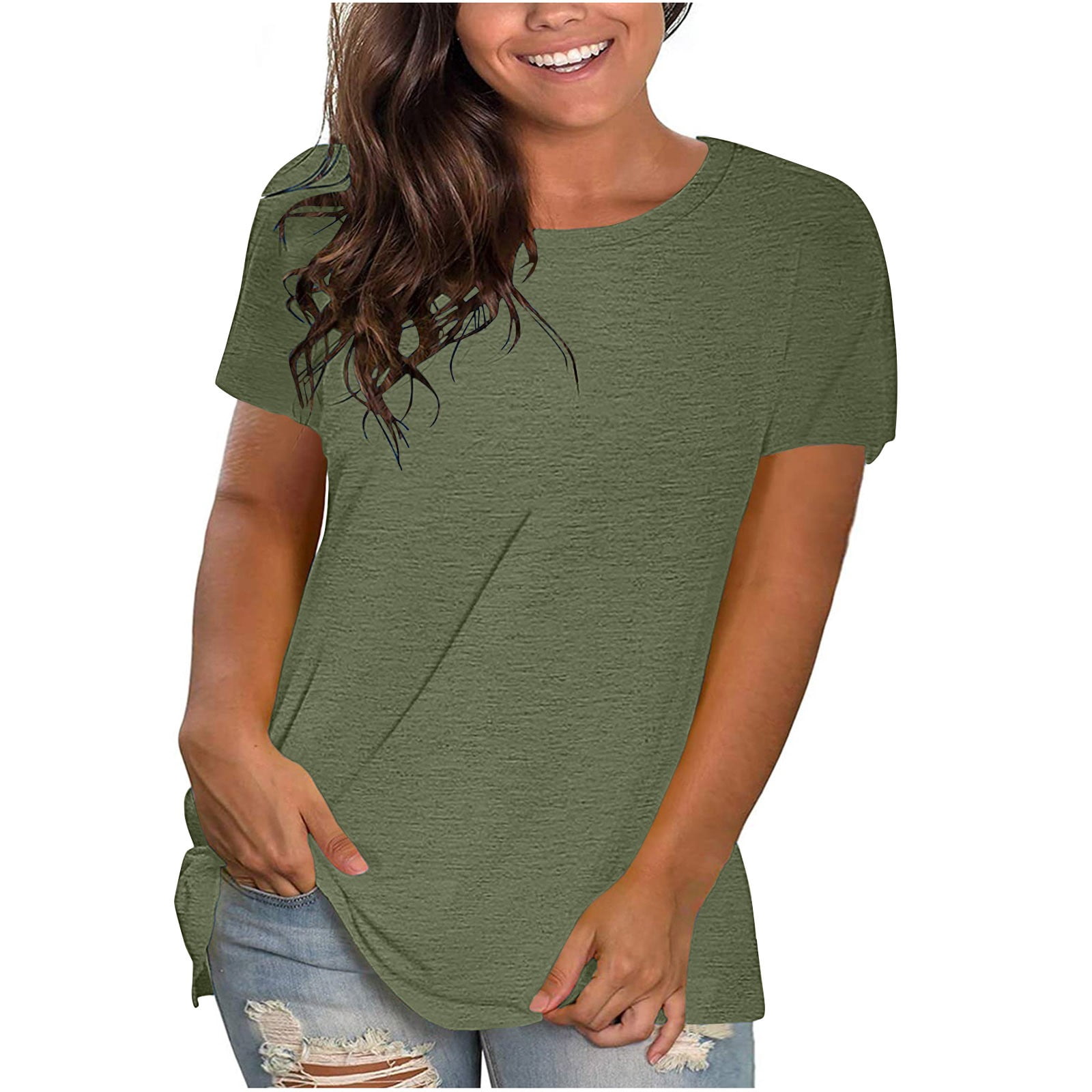 Timegard Hauts d'Été pour Femmes Col Rond Manches Courtes Couleur Unie Confortables Décontractés Amples Hauts T-Shirts Basiques