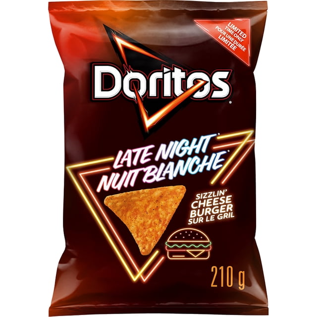 Doritos Late Night Sizzlin' Cheeseburger flavoured tortilla chips in a 210 g dark brown bag with neon-style text and a triangular chip image, highlighting bold cheeseburger flavour and limited-time availability, ideal for snacking anytime.