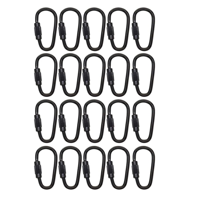 KLKCMS 20Pcs Small Locking Carabiner Clip Black D Rings, designed for camping gear and hiking equipment. Made of durable steel with screw locks, each carabiner measures 2.8cm x 1.5cm (1.1in x 0.59in) and is lightweight and compact. Ideal for hanging keys, lanyards, ropes, water bottles, and whistles. Not suitable for climbing or high-altitude work.