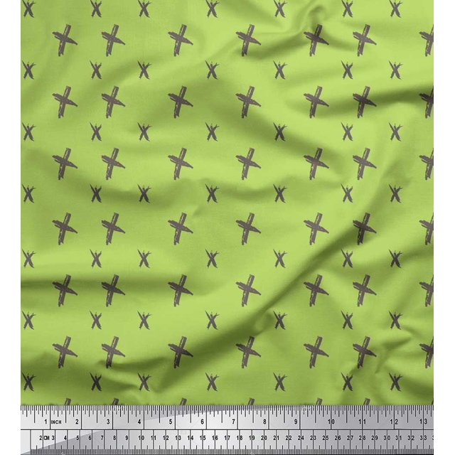 Soimoi Green Heavy Satin Fabric Cross & Geometric Print Fabric by Yard 54 Inch Wide