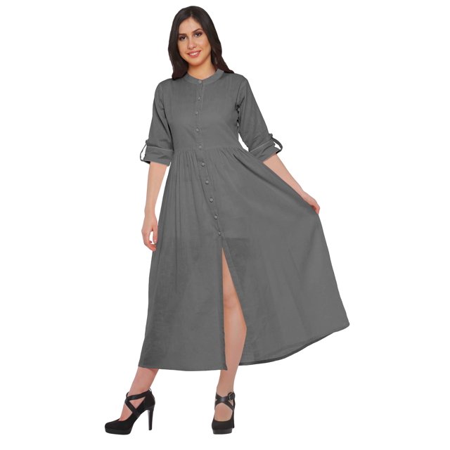 Moomaya Long Button Down Shirts For Women Front Slit A-Line Kurtis Summer Kurta