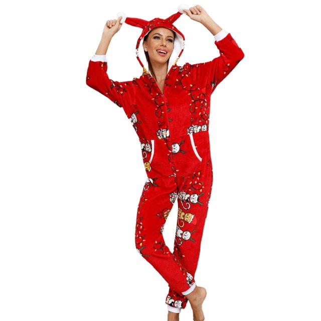 goowrom Pyjama de Noël pour Femmes, Combinaison à Capuche à Motif Imprimé
