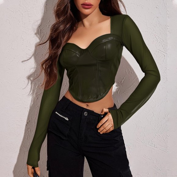 Women's Fashion Short Cropped Long Sleeve T Shirt Square Neck Mesh Backless Bodycon Top with Leather Trim Elegant Stylish Casual Blouse