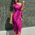 thumbnail image 2 of Women Sexy Solid One Shoulder Ruched Slit Dress Sleeveless Belt Formal Dress, 2 of 3