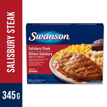 Swanson Biftecks Salisbury de bœuf avec sauce, purée de pommes de terre, maïs et brownie Swanson Biftecks Salisbury de bœuf Repas Surgelé, 345g