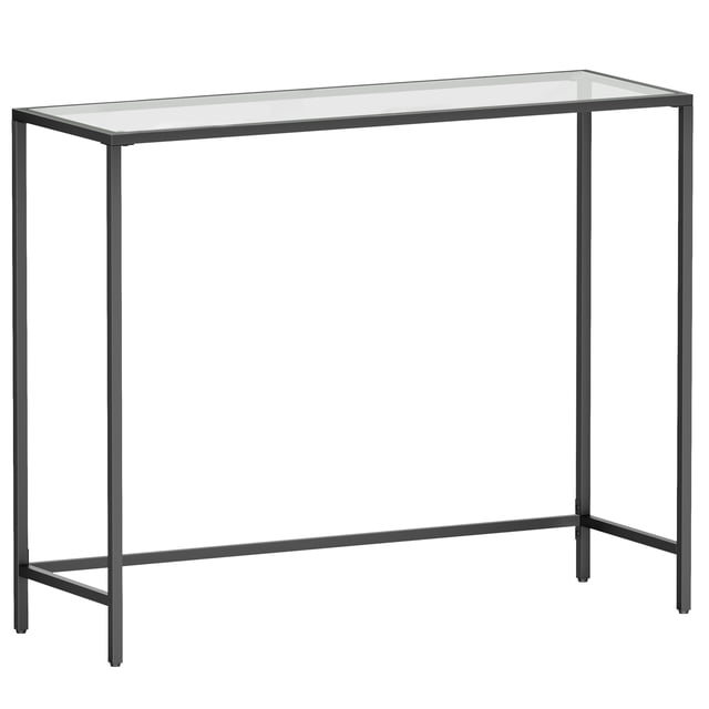 VASAGLE Entryway Table, Console Table, Tempered Glass Tabletop, Modern Easy Assembly, with Adjustable feet Front-facing slim console table with 5 mm tempered glass top on pearl-black steel frame and adjustable feet, 13.8"D x 39.4"W x 31.5"H; fits narrow hallways or behind a sofa and is often used as a slim sofa-back display for decor.