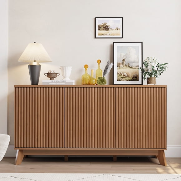 58 Inch Modern Farmhouse Sideboard Buffet, Walnut Finished Storage Credenza with Curved Fluted Doors and Adjustable Shelves for Dining Room