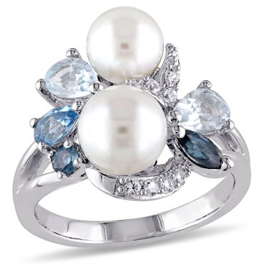 Tangelo White Cultured Freshwater Pearl And 1.75 Carat T.G.W. Created White Sapphire with Blue Topaz Sterling Silver Cocktail Ring