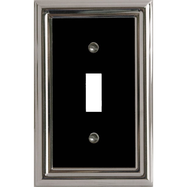 Atron Electro Industries Estate Noir sur Plaque Murale à Bascule Chromée avec Centre en Métal Noir et Cadre Chromé Poli, Doté d'Une Ouverture Rectangulaire pour Interrupteur à Bascule et de Deux Vis de Montage, Convient à une Utilisation Décorative et Fonctionnelle dans les installations d'Interrupteur Électrique à Domicile.