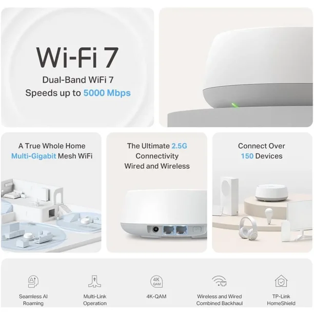 TP-LINK BE5000 WHOLE HOME MESH WI-FI 7 SYSTEM SPEED: 688 MBPS AT