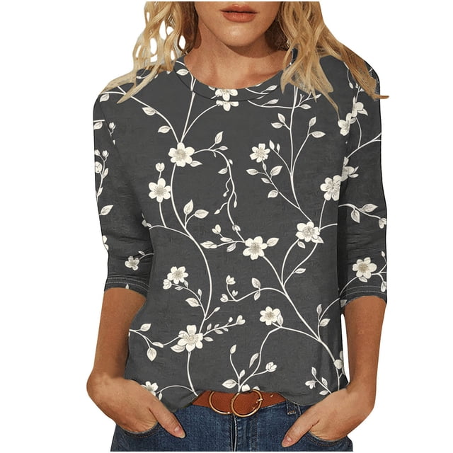 HKEJIAOI T-Shirts à Manches 3/4 pour Femmes à Imprimé Floral, Col Rond, Coupe Ample, T-Shirts Décontractés Mode, Chandails à Enfiler, Gris-D TG