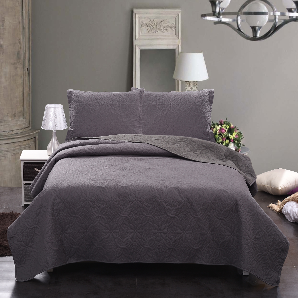 JML Ensemble de Courtepointe Queen 3 Pcs, Couvre-Lit en Microfibre Embossée avec 2 Taies d'Oreiller, 88"x92 Pouces