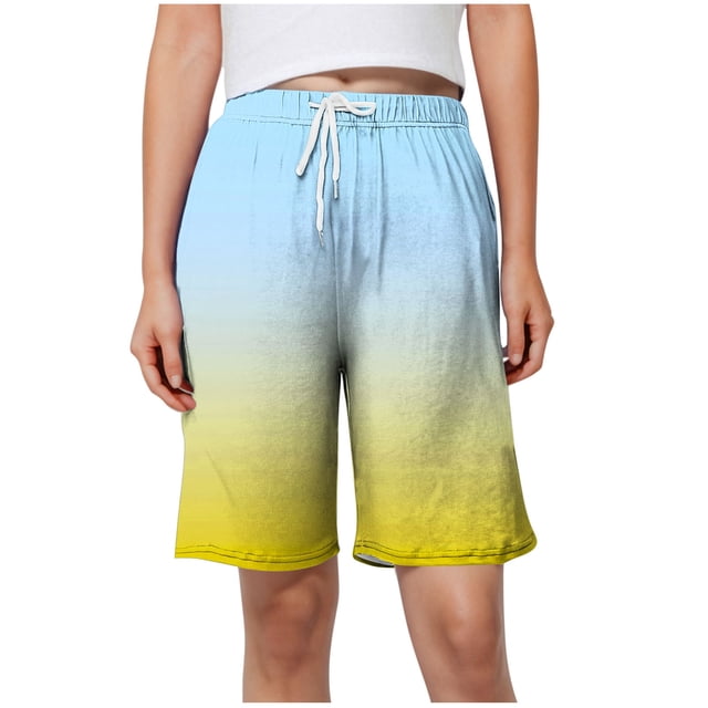 Plebaso Womens Casual Shorts Knee Length Drawstring Shorts Gradient Color Summer Wide Leg Shorts S-5XL