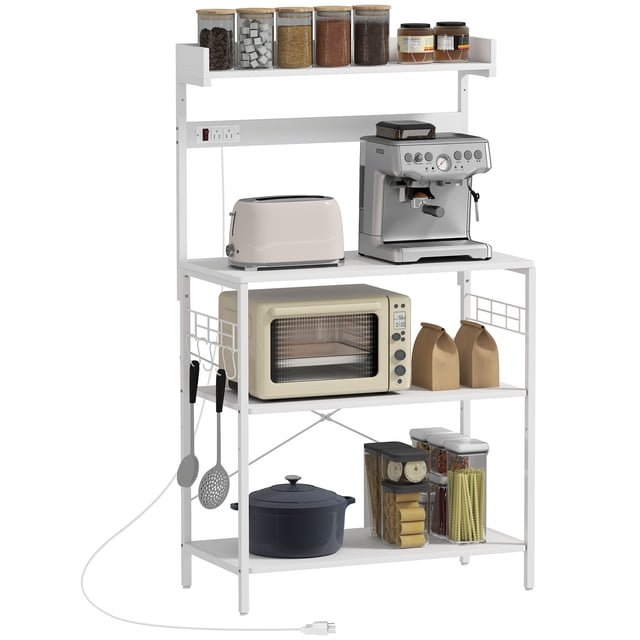 HOMCOM Kitchen Bakers Rack with Power Outlet, Coffee Bar, Distressed White