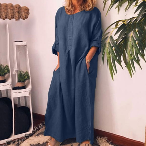 Kcavykas Long Sleeve Maxi Dress,Mother's Day GiftsFashion Women Summer Casual Full Sleeve Round Neck Solid Linen Long Sleeve Long Dress