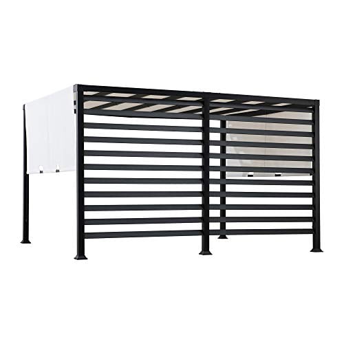 Sunjoy Pergola de jardin métallique moderne 10 x 12 pi avec toit réglable blanc et mur de confidentialité.