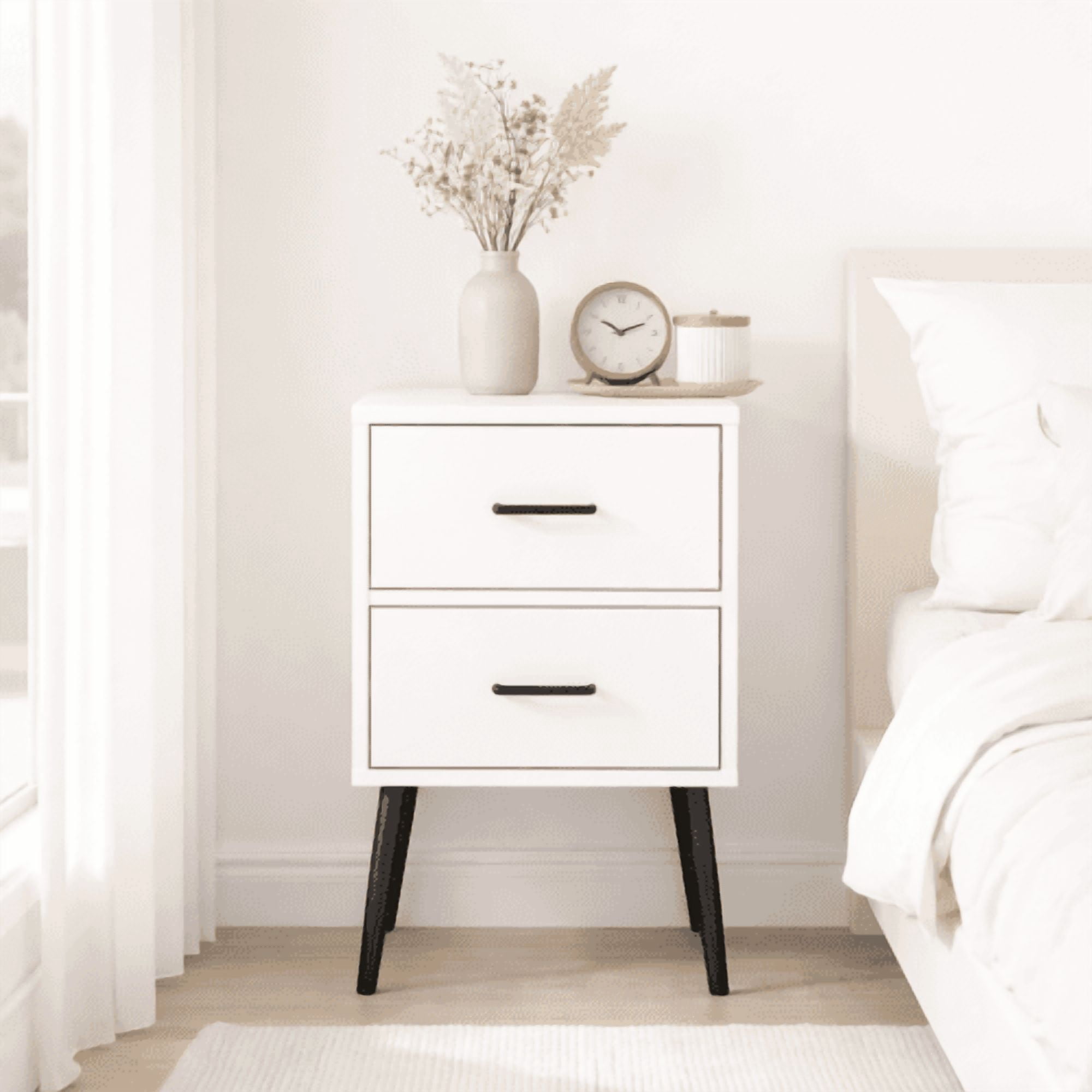 2-Drawer Nightstand with Metal Legs and Metal Handles, Modern White Bedside Table, Small End Table for Bedroom, Living Room or Apartment