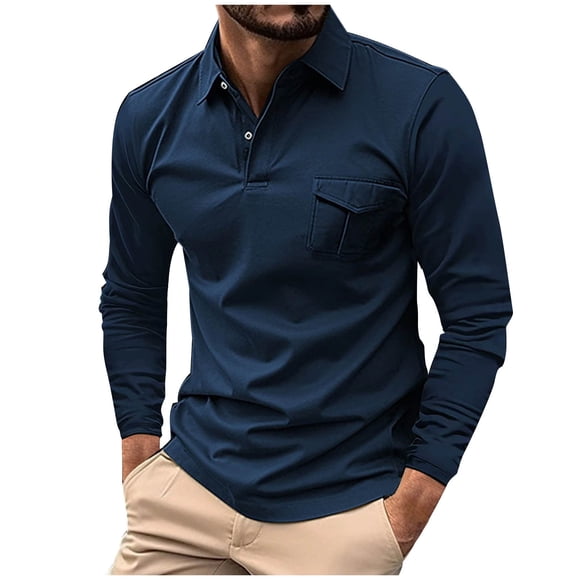 WRKEKC Mens Long Sleeve Tee Shirts Solid Color Long Sleeve Notched Collar Polo Shirt Athletic Polo T - Shirt for Fall Winter