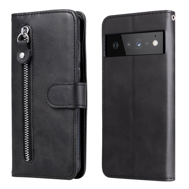 Case for Google Pixel 6 PRO 5G Zipper Pocket Wallet Leather Case Magnetic Closure Flip Cover - Black