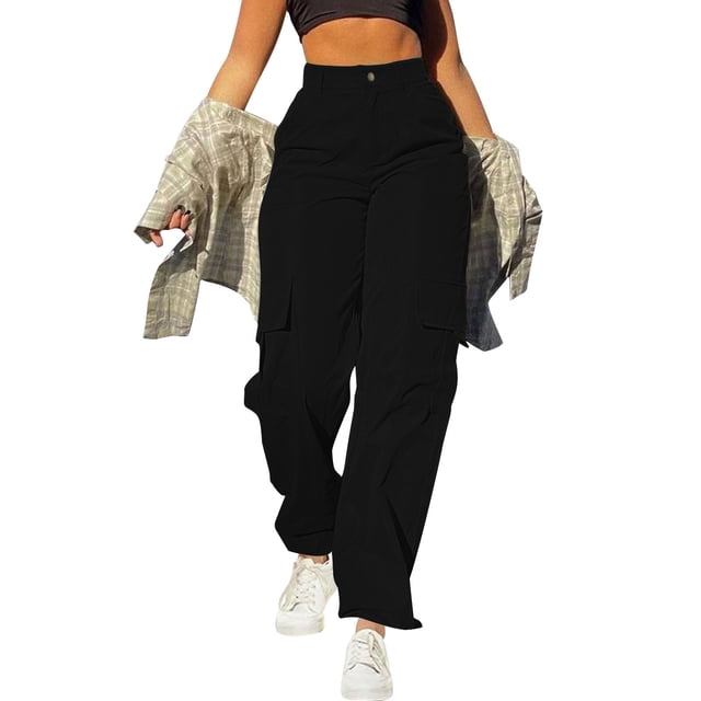 Timegard Cargo Pants for Women featuring a high waist and straight leg design, shown in a solid black color. These active hiking and outdoor pants are made from a blend of 95% polyester and 5% spandex, offering a lightweight, breathable, and comfortable fit. The pants include functional cargo pockets and are styled with a casual crop top and sneakers, suitable for fall outdoor activities or casual outings.