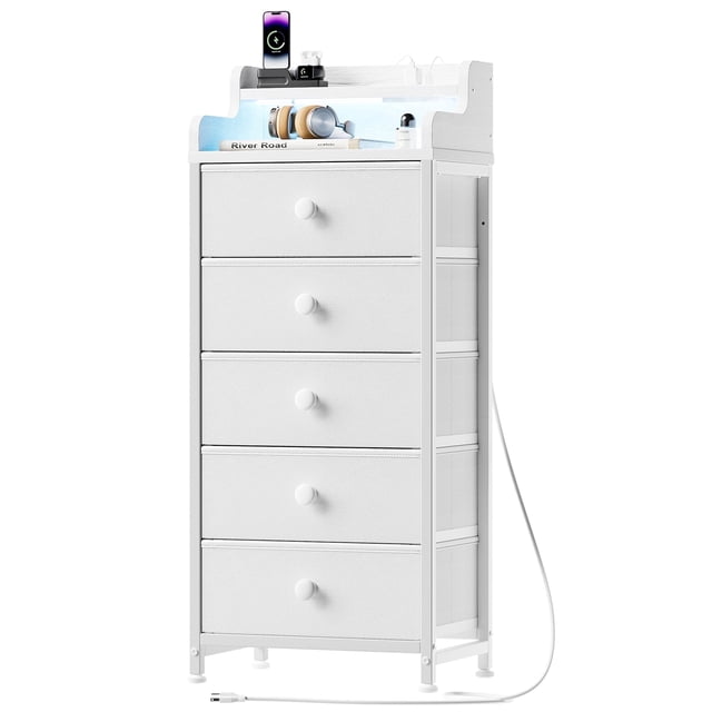 GUNAITO Commode à DEL pour Chambre avec 5 Tiroirs, Haute et Étroite, Commode de Rangement en Tissu pour Adultes, Blanc