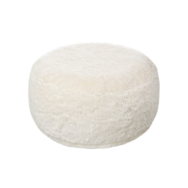KAWELL Mongolian Faux Fur Inflatable Ottoman in ivory white, featuring a round design with a soft, plush faux fur texture. This lightweight and portable footrest or vanity stool is machine washable and can support up to 200 pounds. Ideal for living rooms, bedrooms, or outdoor spaces like balconies and gardens.
