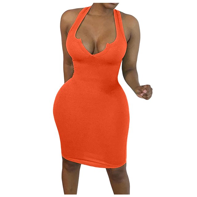 Fridja Womens’s Sheath Sleeveless Dress Solid Color Deep V-Neck Dress