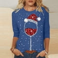 thumbnail image 2 of Hauts d'Été pour Femmes Noël Verre de Vin Rouge Imprimé Col Rond Manches Trois Quarts T-Shirts Surdimensionnés pour Femmes Bleu TTTG, 2 of 4