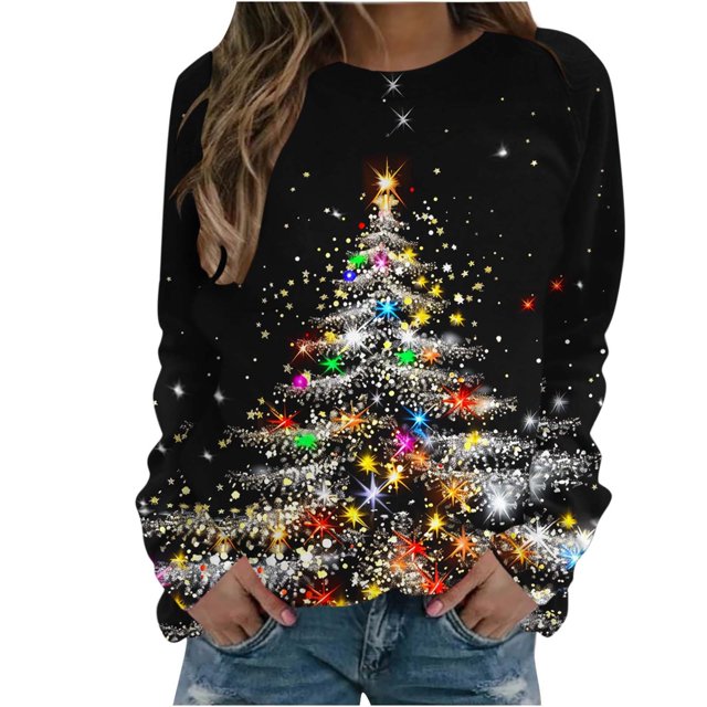 UPPADA Chandails de Noël pour Femmes, Imprimé d'Arbre de Noël, Chandail à Manches Longues, Hauts à Enfiler, Automne, Chandail Confortable, Chandail à Col Rond de Noël, Offres du Jour