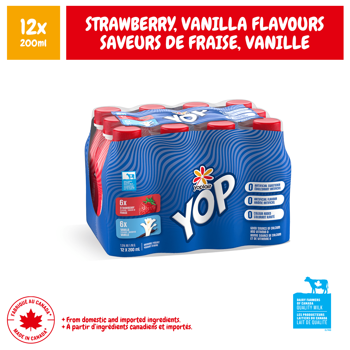 Yoplait Yop 1.5% Drinkable Yogurt, Strawberry and Vanilla, Yogurt Drinks, Kids Snack, 12x200ml