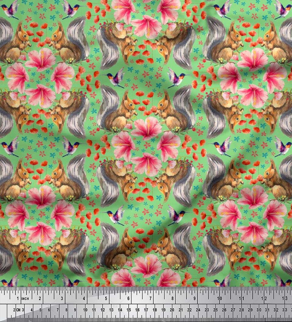Soimoi Modal Satin Fabric Floral,Hummingbird & Squirrel Animal Print Fabric by The Yard 42 Inch Wide