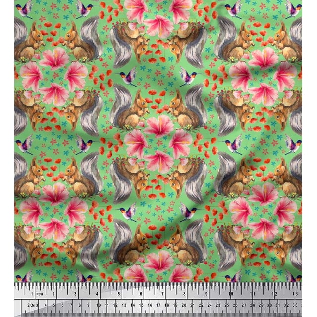 Soimoi Moss Georgette Fabric Floral,Hummingbird & Squirrel Animal Printed Fabric 1 Yard 42 Inch Wide