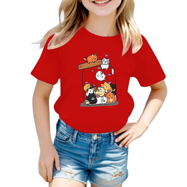 GDREDA Filles Taille Petite Vêtements Enfants Filles Mignon Imprimé Graphique Col Rond Manches Courtes Tee Été Décontracté T-Shirt Rouge,11-12ans